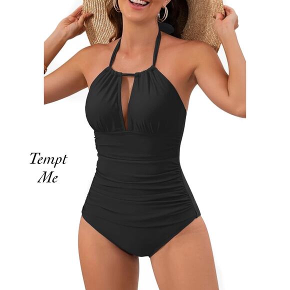 Tempt Me Black Halter Ruched Padded Tummy Control One Piece Swimsuit NWT Size M - Picture 1 of 11